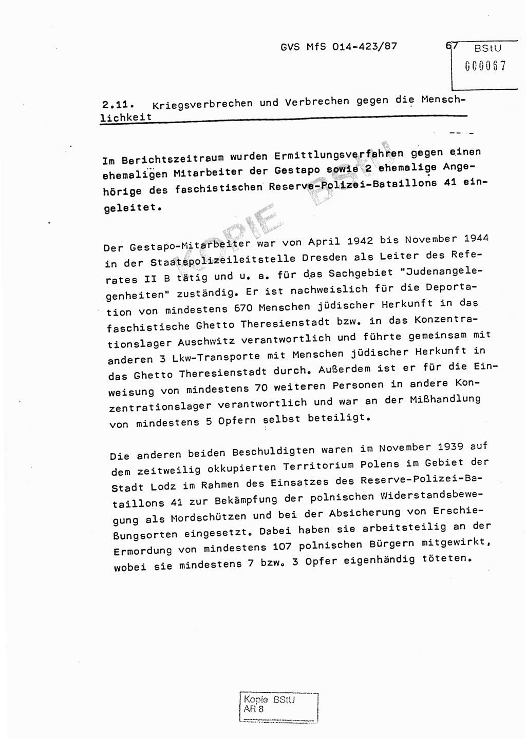 Jahresbericht der Hauptabteilung (HA) Ⅸ 1986, Einschätzung der Wirksamkeit der Untersuchungsarbeit im Jahre 1986, Ministerium für Staatssicherheit (MfS) der Deutschen Demokratischen Republik (DDR), Hauptabteilung Ⅸ, Geheime Verschlußsache (GVS) o014-423/87, Berlin 1987, Seite 67 (Einsch. MfS DDR HA Ⅸ GVS o014-423/87 1986, S. 67)