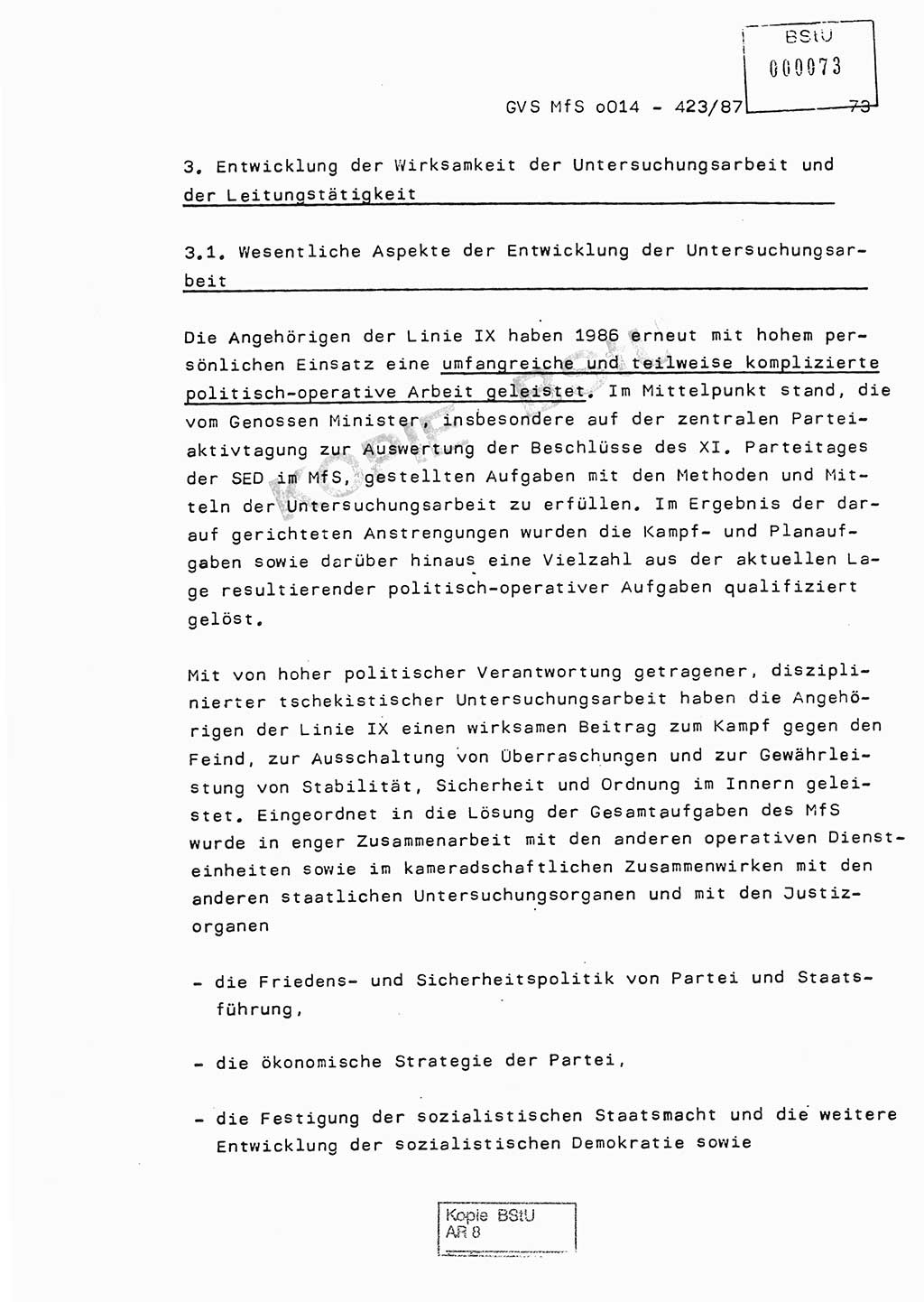 Jahresbericht der Hauptabteilung (HA) Ⅸ 1986, Einschätzung der Wirksamkeit der Untersuchungsarbeit im Jahre 1986, Ministerium für Staatssicherheit (MfS) der Deutschen Demokratischen Republik (DDR), Hauptabteilung Ⅸ, Geheime Verschlußsache (GVS) o014-423/87, Berlin 1987, Seite 73 (Einsch. MfS DDR HA Ⅸ GVS o014-423/87 1986, S. 73)