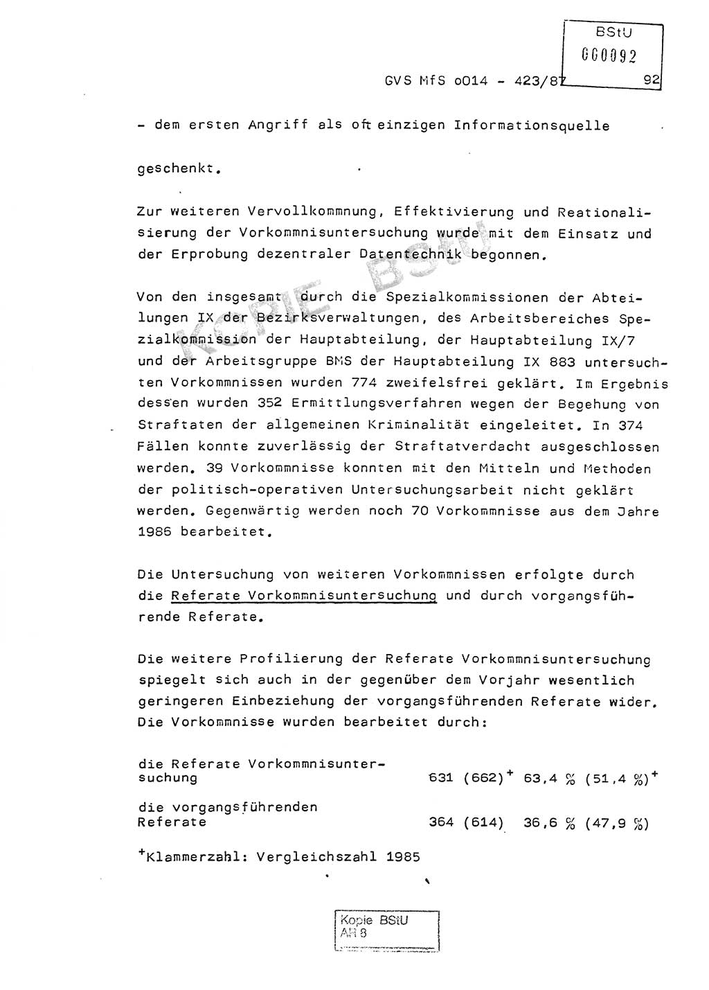Jahresbericht der Hauptabteilung (HA) Ⅸ 1986, Einschätzung der Wirksamkeit der Untersuchungsarbeit im Jahre 1986, Ministerium für Staatssicherheit (MfS) der Deutschen Demokratischen Republik (DDR), Hauptabteilung Ⅸ, Geheime Verschlußsache (GVS) o014-423/87, Berlin 1987, Seite 92 (Einsch. MfS DDR HA Ⅸ GVS o014-423/87 1986, S. 92)