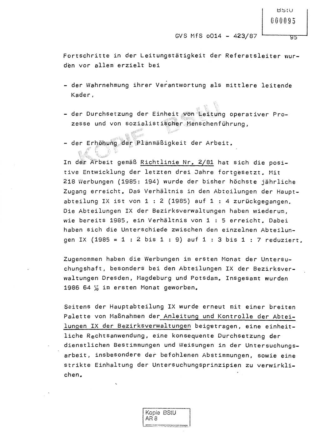 Jahresbericht der Hauptabteilung (HA) Ⅸ 1986, Einschätzung der Wirksamkeit der Untersuchungsarbeit im Jahre 1986, Ministerium für Staatssicherheit (MfS) der Deutschen Demokratischen Republik (DDR), Hauptabteilung Ⅸ, Geheime Verschlußsache (GVS) o014-423/87, Berlin 1987, Seite 95 (Einsch. MfS DDR HA Ⅸ GVS o014-423/87 1986, S. 95)