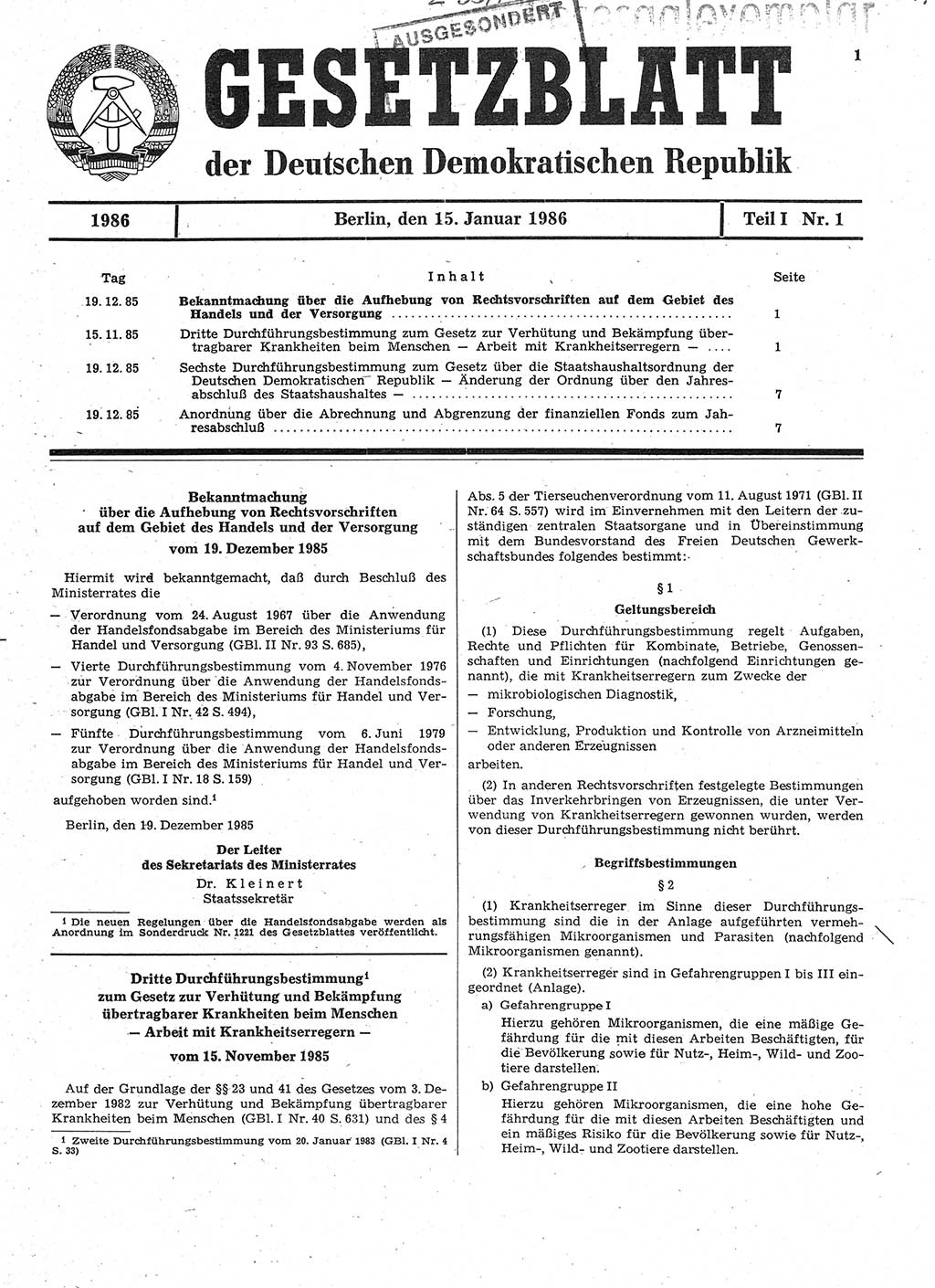 Gesetzblatt (GBl.) der Deutschen Demokratischen Republik (DDR) Teil Ⅰ 1986, Seite 1 (GBl. DDR Ⅰ 1986, S. 1)