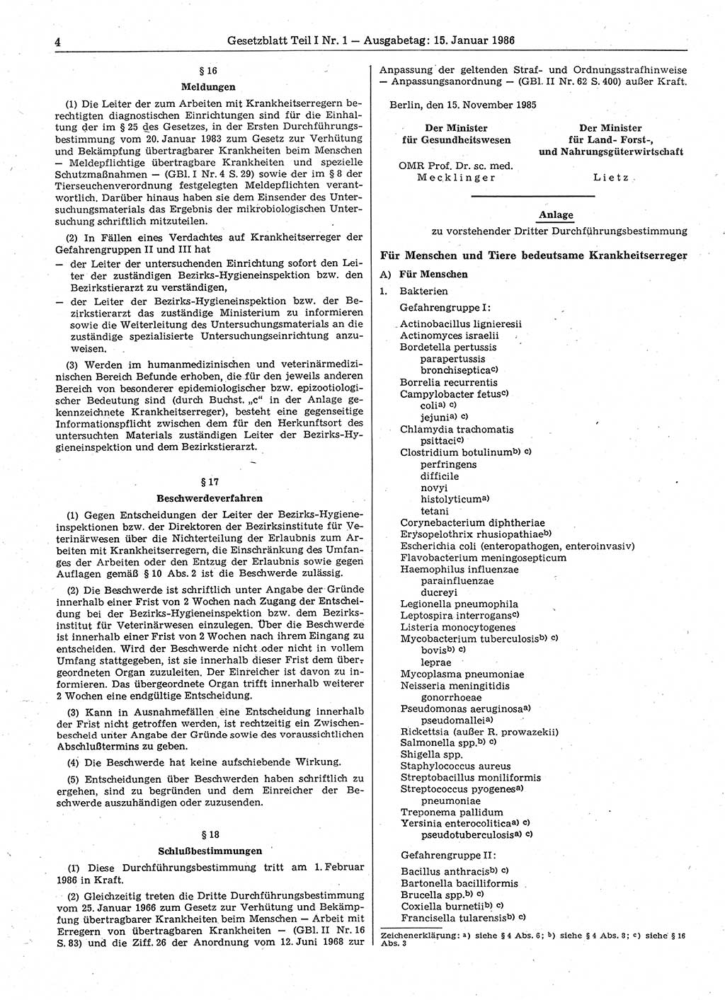 Gesetzblatt (GBl.) der Deutschen Demokratischen Republik (DDR) Teil Ⅰ 1986, Seite 4 (GBl. DDR Ⅰ 1986, S. 4)