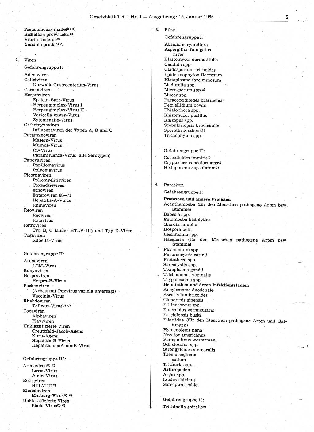 Gesetzblatt (GBl.) der Deutschen Demokratischen Republik (DDR) Teil Ⅰ 1986, Seite 5 (GBl. DDR Ⅰ 1986, S. 5)
