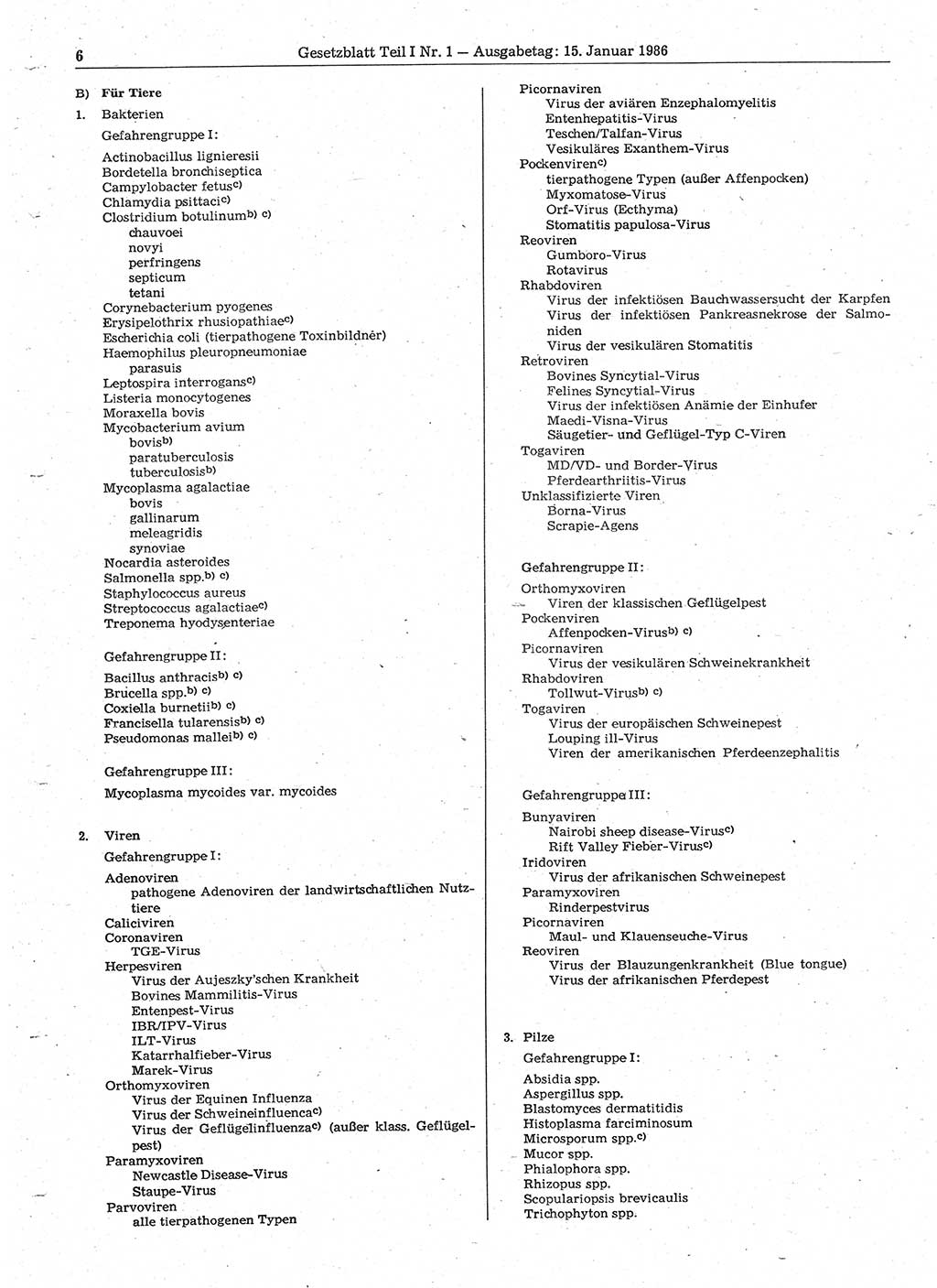 Gesetzblatt (GBl.) der Deutschen Demokratischen Republik (DDR) Teil Ⅰ 1986, Seite 6 (GBl. DDR Ⅰ 1986, S. 6)