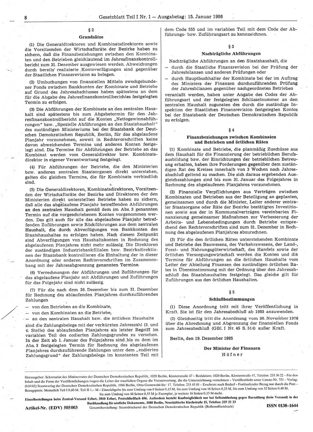 Gesetzblatt (GBl.) der Deutschen Demokratischen Republik (DDR) Teil Ⅰ 1986, Seite 8 (GBl. DDR Ⅰ 1986, S. 8)