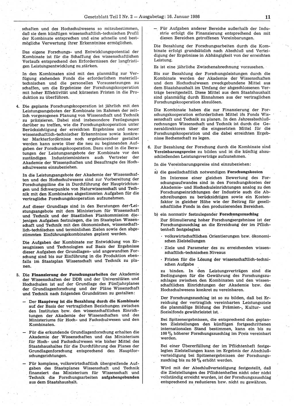 Gesetzblatt (GBl.) der Deutschen Demokratischen Republik (DDR) Teil Ⅰ 1986, Seite 11 (GBl. DDR Ⅰ 1986, S. 11)