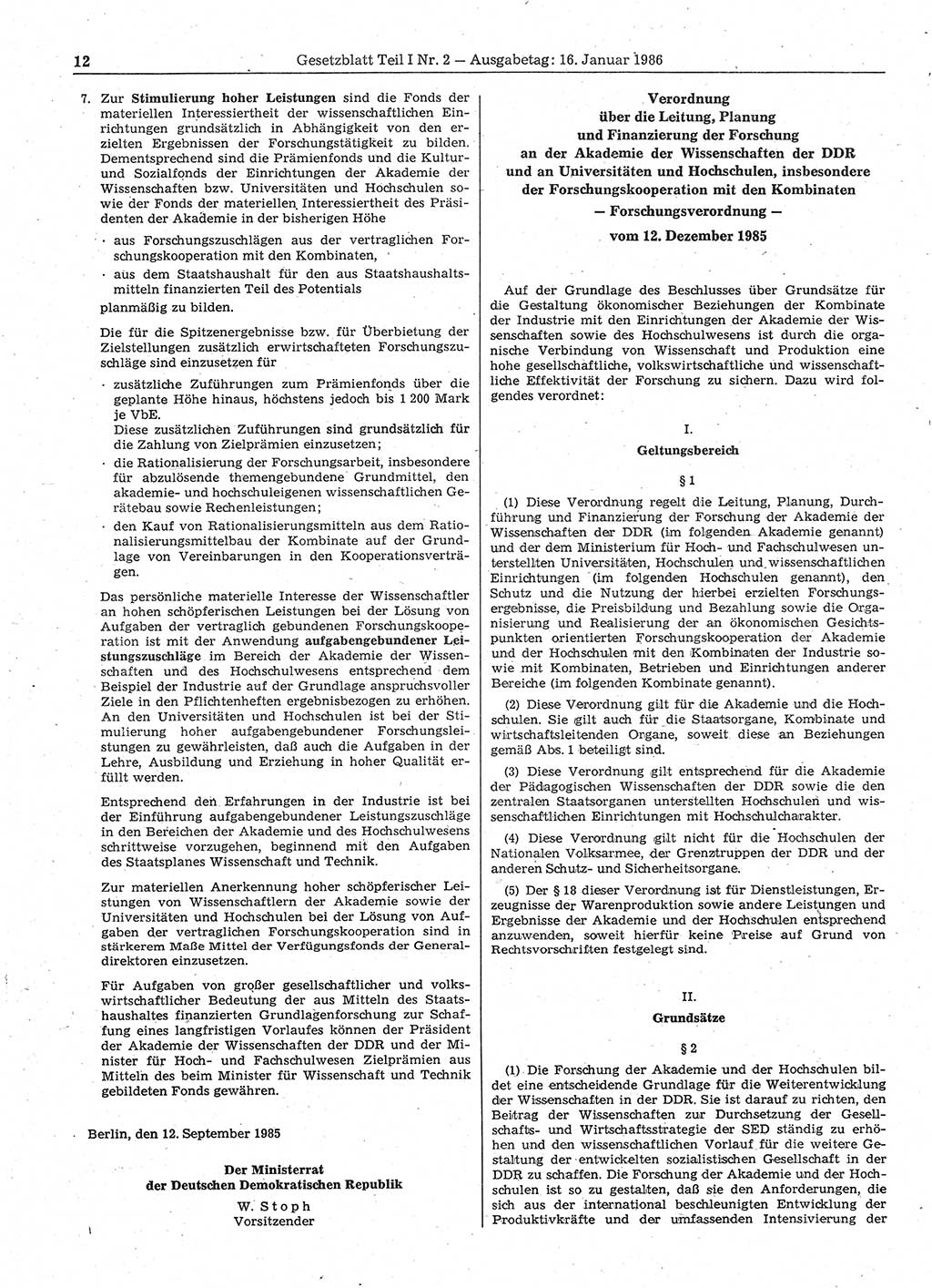 Gesetzblatt (GBl.) der Deutschen Demokratischen Republik (DDR) Teil Ⅰ 1986, Seite 12 (GBl. DDR Ⅰ 1986, S. 12)