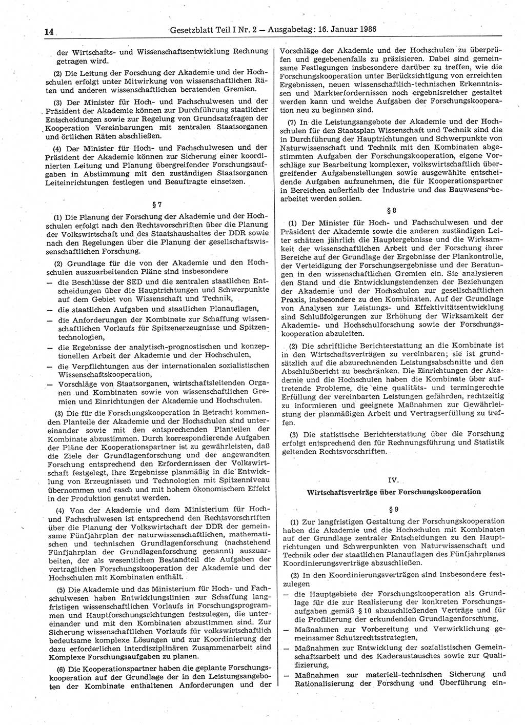 Gesetzblatt (GBl.) der Deutschen Demokratischen Republik (DDR) Teil Ⅰ 1986, Seite 14 (GBl. DDR Ⅰ 1986, S. 14)