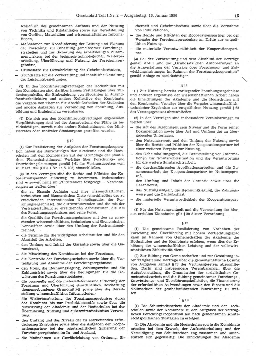 Gesetzblatt (GBl.) der Deutschen Demokratischen Republik (DDR) Teil Ⅰ 1986, Seite 15 (GBl. DDR Ⅰ 1986, S. 15)
