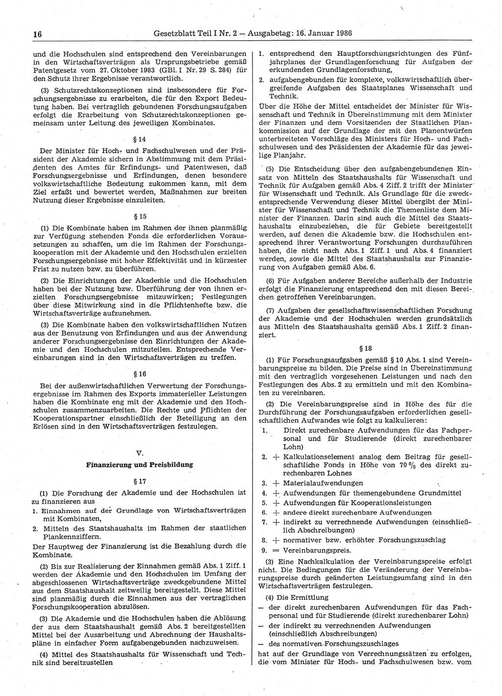 Gesetzblatt (GBl.) der Deutschen Demokratischen Republik (DDR) Teil Ⅰ 1986, Seite 16 (GBl. DDR Ⅰ 1986, S. 16)