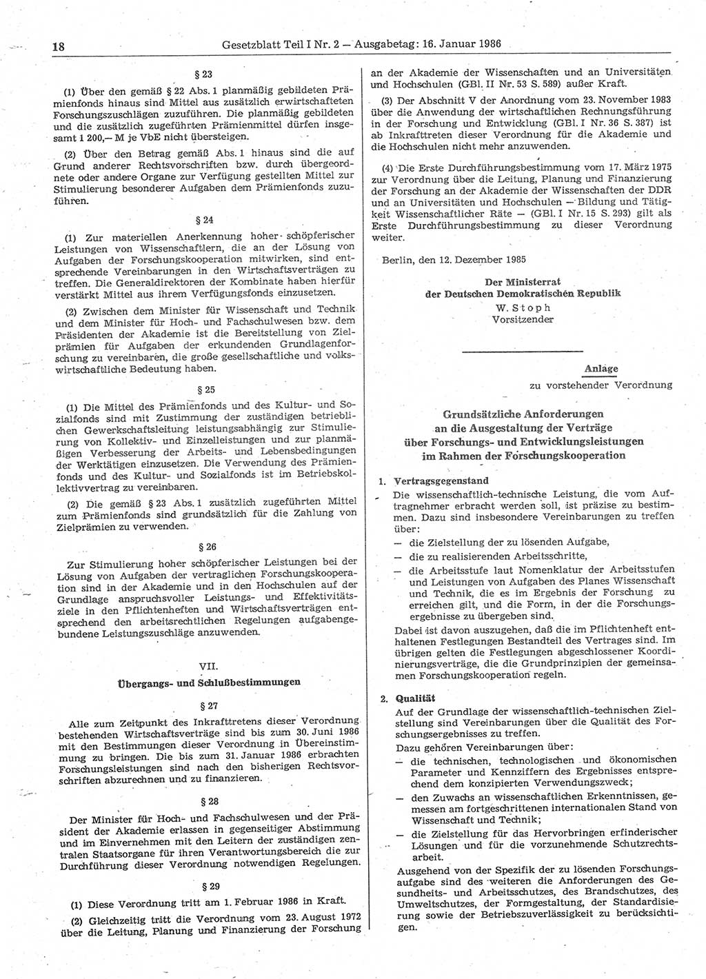 Gesetzblatt (GBl.) der Deutschen Demokratischen Republik (DDR) Teil Ⅰ 1986, Seite 18 (GBl. DDR Ⅰ 1986, S. 18)