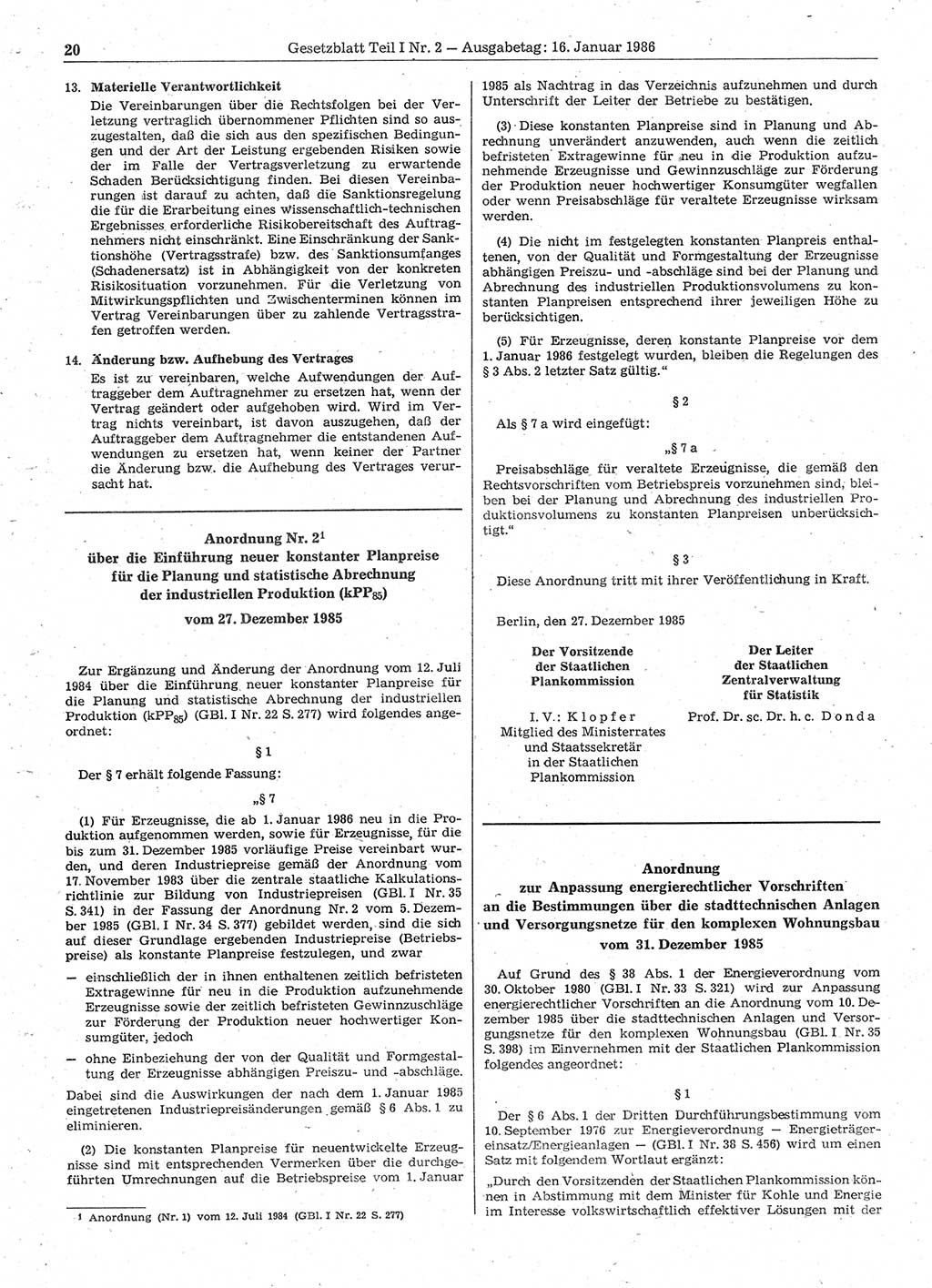 Gesetzblatt (GBl.) der Deutschen Demokratischen Republik (DDR) Teil Ⅰ 1986, Seite 20 (GBl. DDR Ⅰ 1986, S. 20)