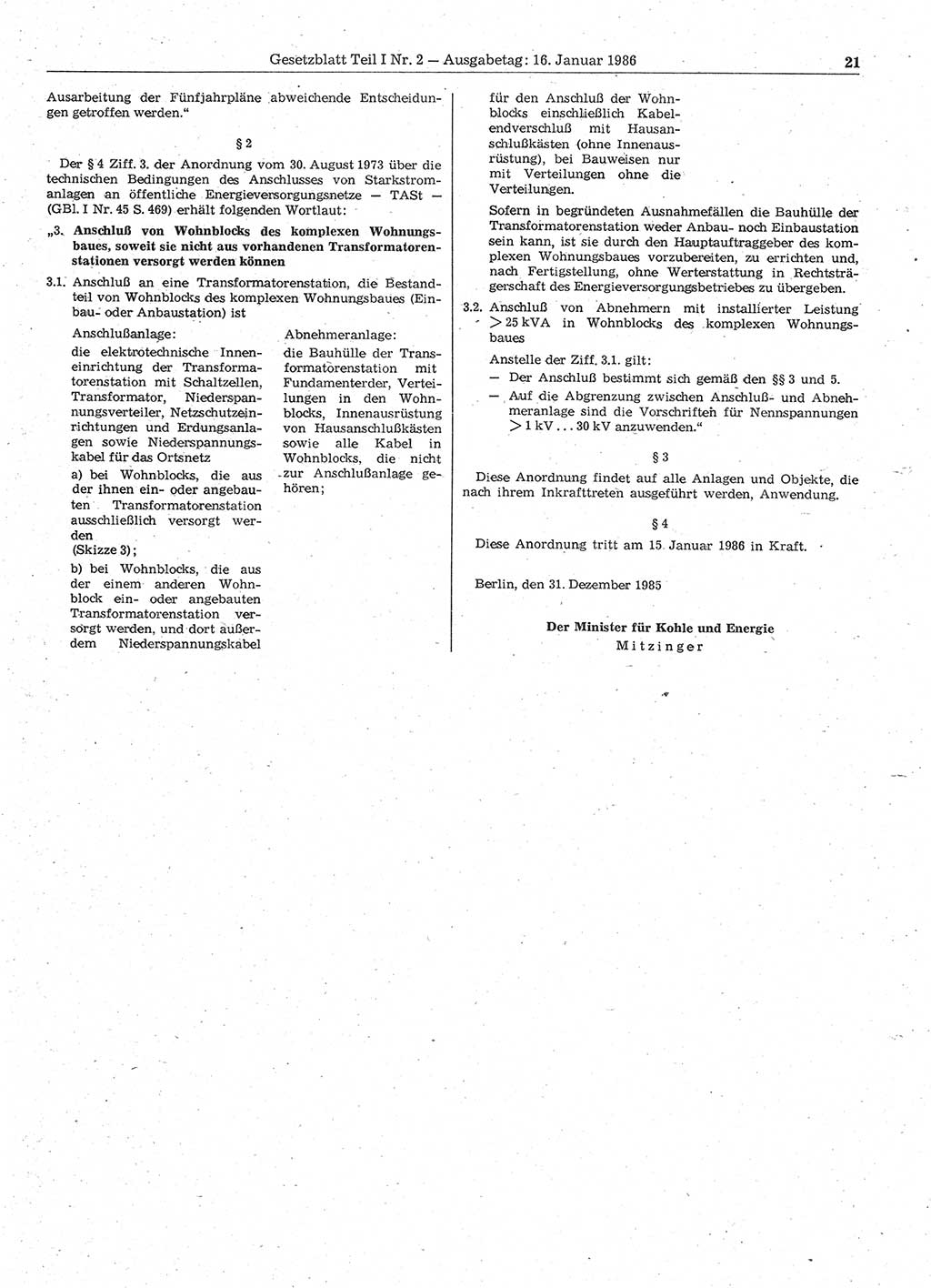 Gesetzblatt (GBl.) der Deutschen Demokratischen Republik (DDR) Teil Ⅰ 1986, Seite 21 (GBl. DDR Ⅰ 1986, S. 21)
