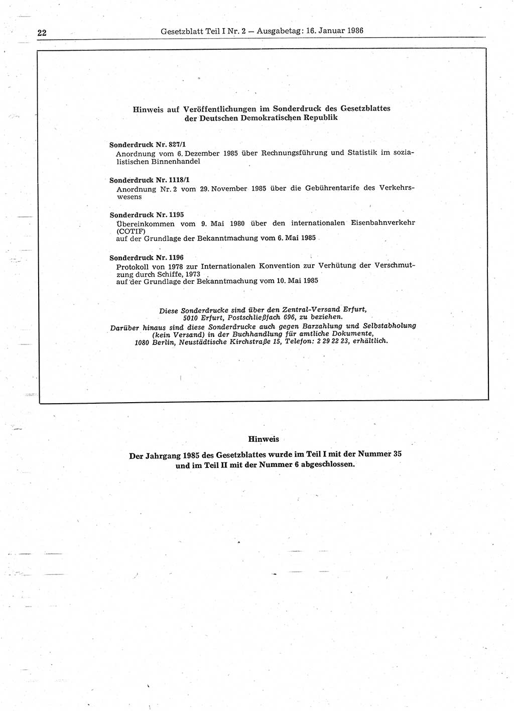 Gesetzblatt (GBl.) der Deutschen Demokratischen Republik (DDR) Teil Ⅰ 1986, Seite 22 (GBl. DDR Ⅰ 1986, S. 22)