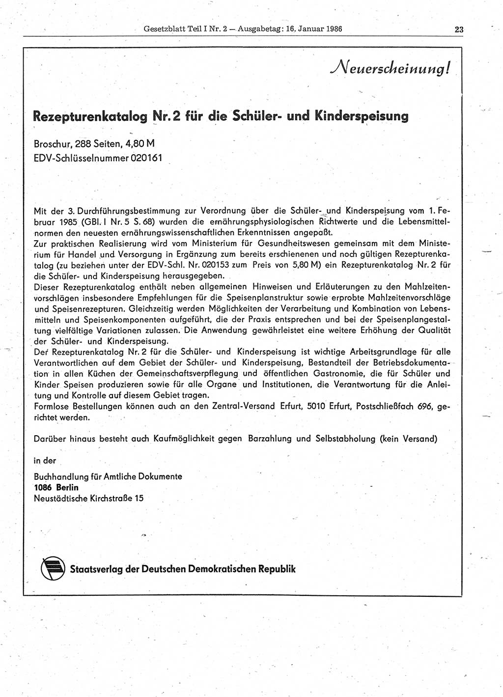 Gesetzblatt (GBl.) der Deutschen Demokratischen Republik (DDR) Teil Ⅰ 1986, Seite 23 (GBl. DDR Ⅰ 1986, S. 23)