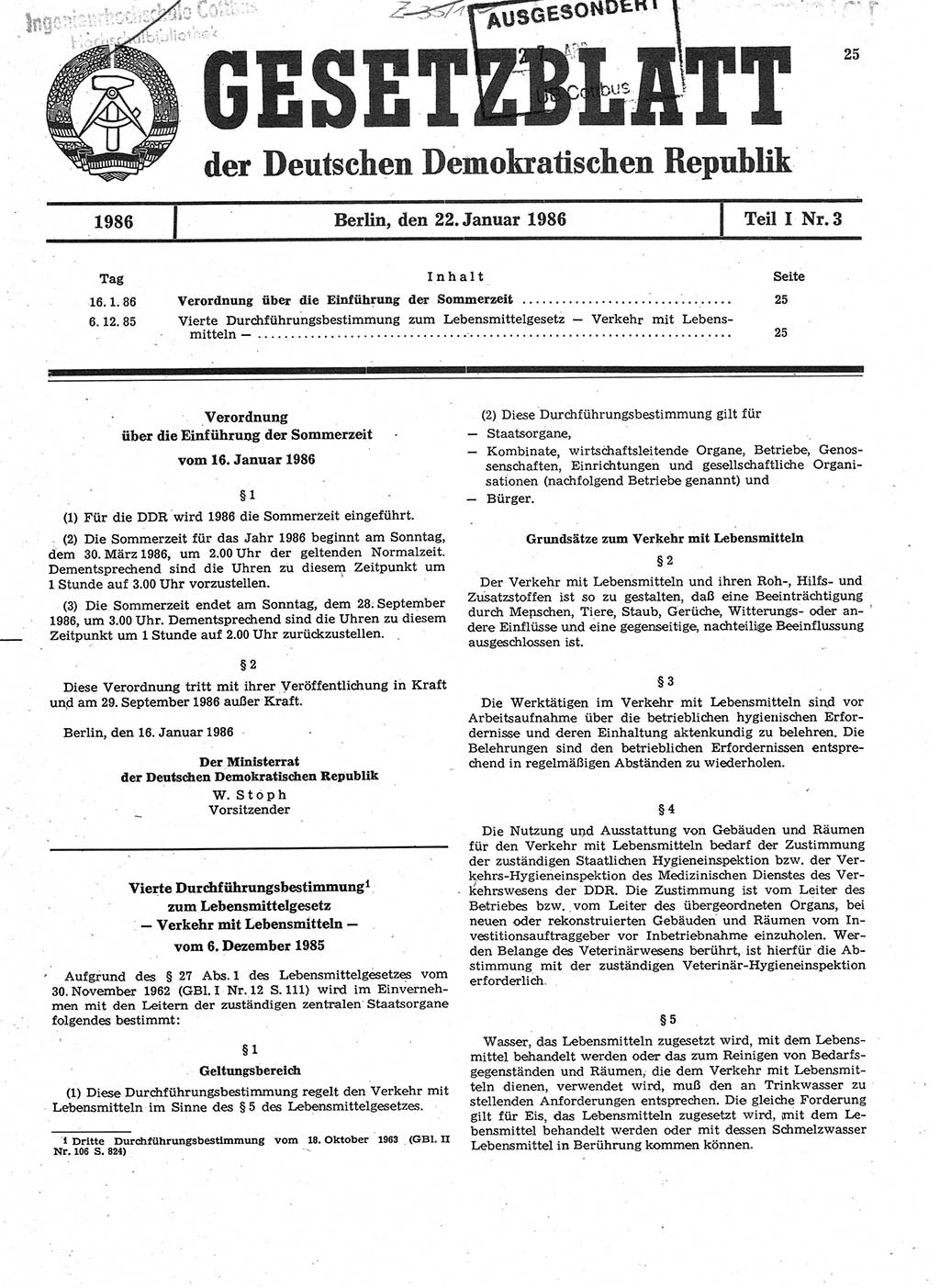Gesetzblatt (GBl.) der Deutschen Demokratischen Republik (DDR) Teil Ⅰ 1986, Seite 25 (GBl. DDR Ⅰ 1986, S. 25)