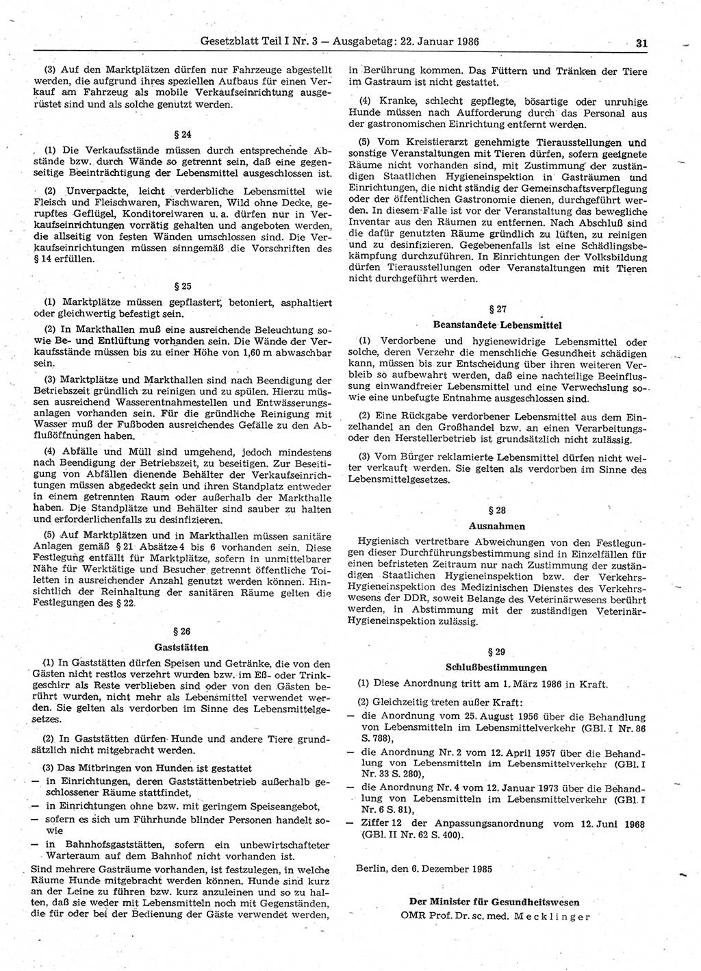 Gesetzblatt (GBl.) der Deutschen Demokratischen Republik (DDR) Teil Ⅰ 1986, Seite 31 (GBl. DDR Ⅰ 1986, S. 31)