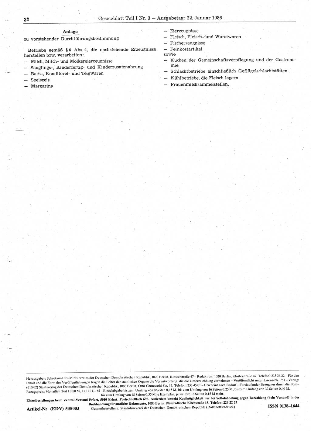 Gesetzblatt (GBl.) der Deutschen Demokratischen Republik (DDR) Teil Ⅰ 1986, Seite 32 (GBl. DDR Ⅰ 1986, S. 32)