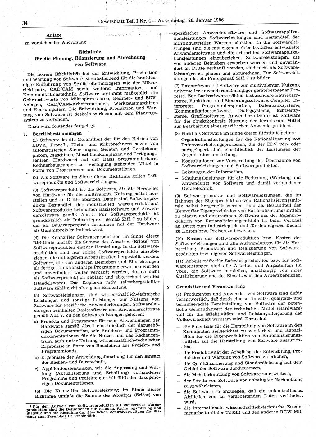 Gesetzblatt (GBl.) der Deutschen Demokratischen Republik (DDR) Teil Ⅰ 1986, Seite 34 (GBl. DDR Ⅰ 1986, S. 34)