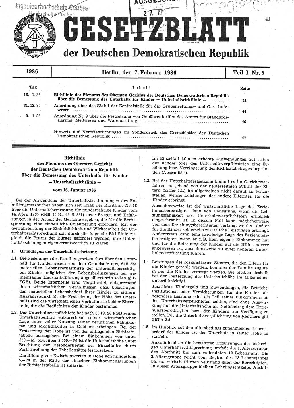 Gesetzblatt (GBl.) der Deutschen Demokratischen Republik (DDR) Teil Ⅰ 1986, Seite 41 (GBl. DDR Ⅰ 1986, S. 41)