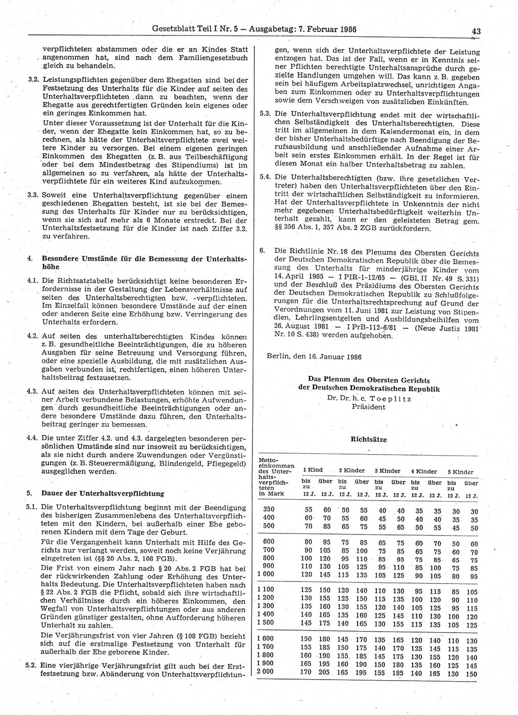 Gesetzblatt (GBl.) der Deutschen Demokratischen Republik (DDR) Teil Ⅰ 1986, Seite 43 (GBl. DDR Ⅰ 1986, S. 43)
