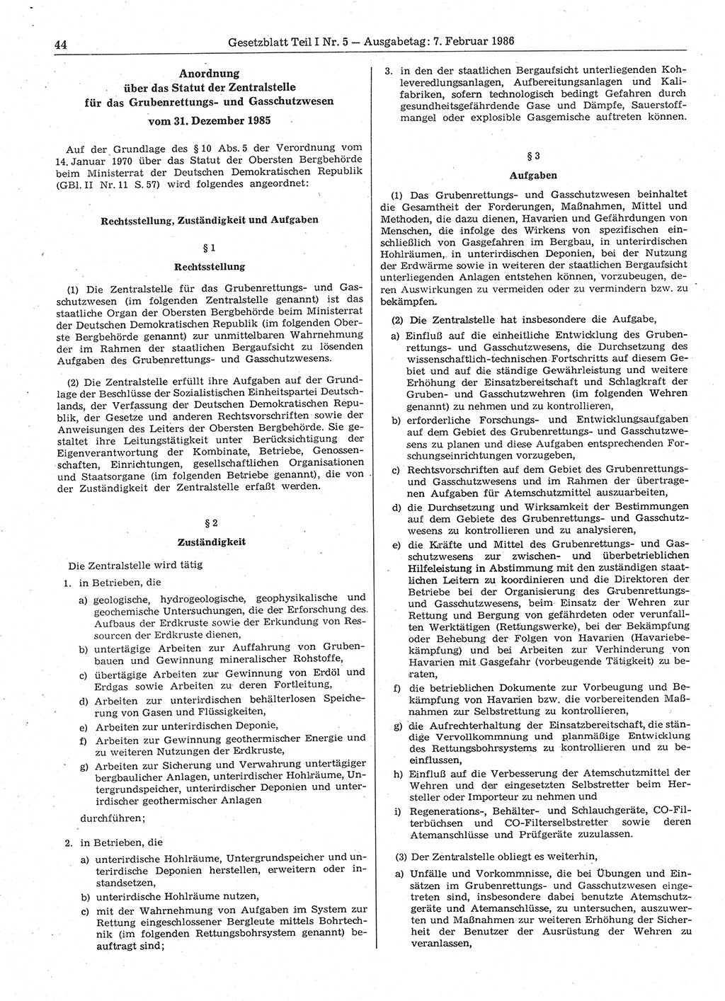 Gesetzblatt (GBl.) der Deutschen Demokratischen Republik (DDR) Teil Ⅰ 1986, Seite 44 (GBl. DDR Ⅰ 1986, S. 44)