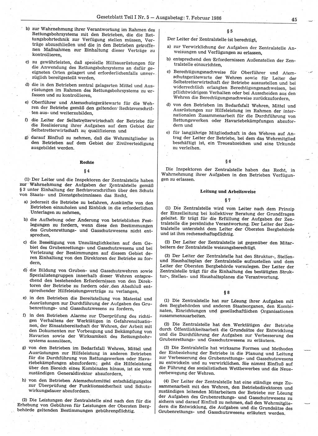 Gesetzblatt (GBl.) der Deutschen Demokratischen Republik (DDR) Teil Ⅰ 1986, Seite 45 (GBl. DDR Ⅰ 1986, S. 45)