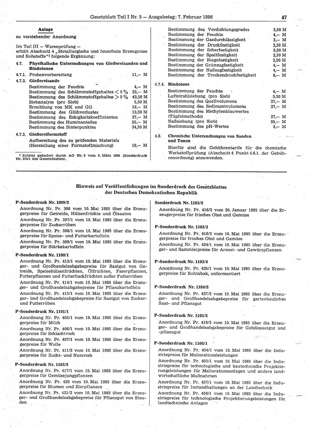 Gesetzblatt (GBl.) der Deutschen Demokratischen Republik (DDR) Teil Ⅰ 1986, Seite 47 (GBl. DDR Ⅰ 1986, S. 47)