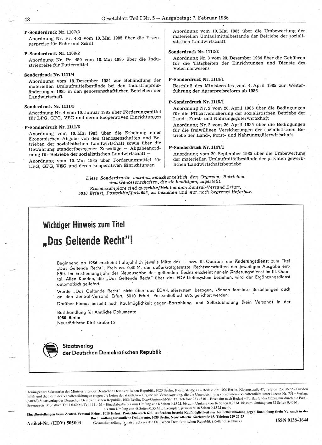 Gesetzblatt (GBl.) der Deutschen Demokratischen Republik (DDR) Teil Ⅰ 1986, Seite 48 (GBl. DDR Ⅰ 1986, S. 48)