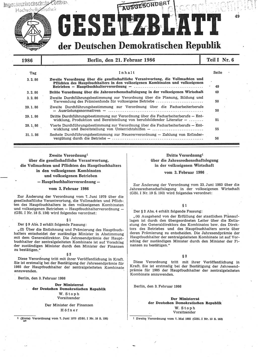 Gesetzblatt (GBl.) der Deutschen Demokratischen Republik (DDR) Teil Ⅰ 1986, Seite 49 (GBl. DDR Ⅰ 1986, S. 49)
