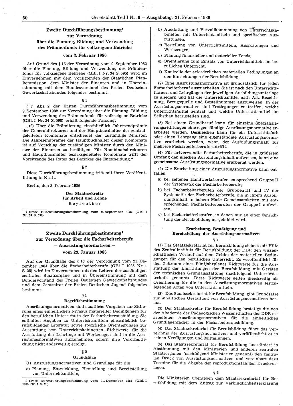 Gesetzblatt (GBl.) der Deutschen Demokratischen Republik (DDR) Teil Ⅰ 1986, Seite 50 (GBl. DDR Ⅰ 1986, S. 50)