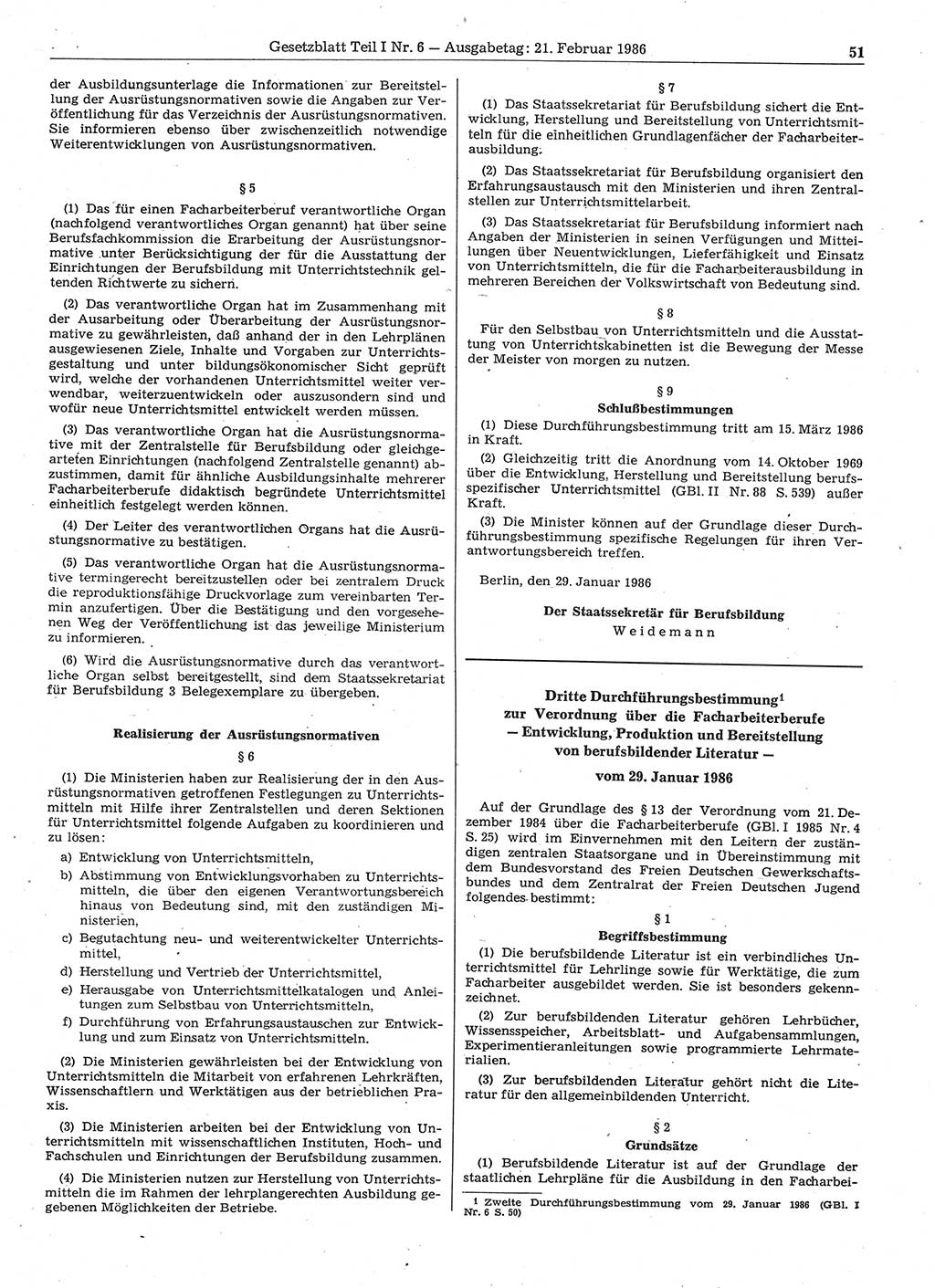 Gesetzblatt (GBl.) der Deutschen Demokratischen Republik (DDR) Teil Ⅰ 1986, Seite 51 (GBl. DDR Ⅰ 1986, S. 51)