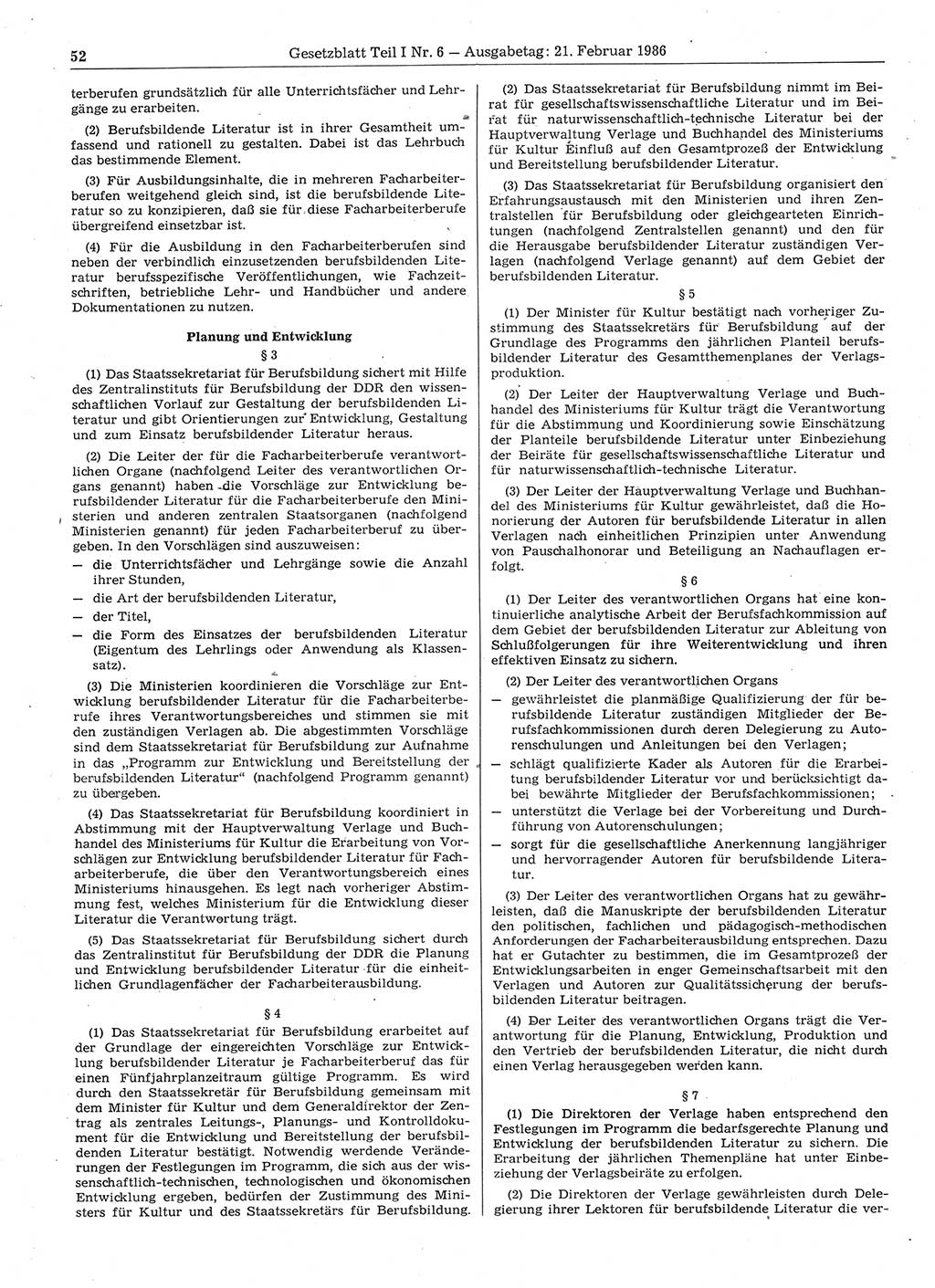 Gesetzblatt (GBl.) der Deutschen Demokratischen Republik (DDR) Teil Ⅰ 1986, Seite 52 (GBl. DDR Ⅰ 1986, S. 52)