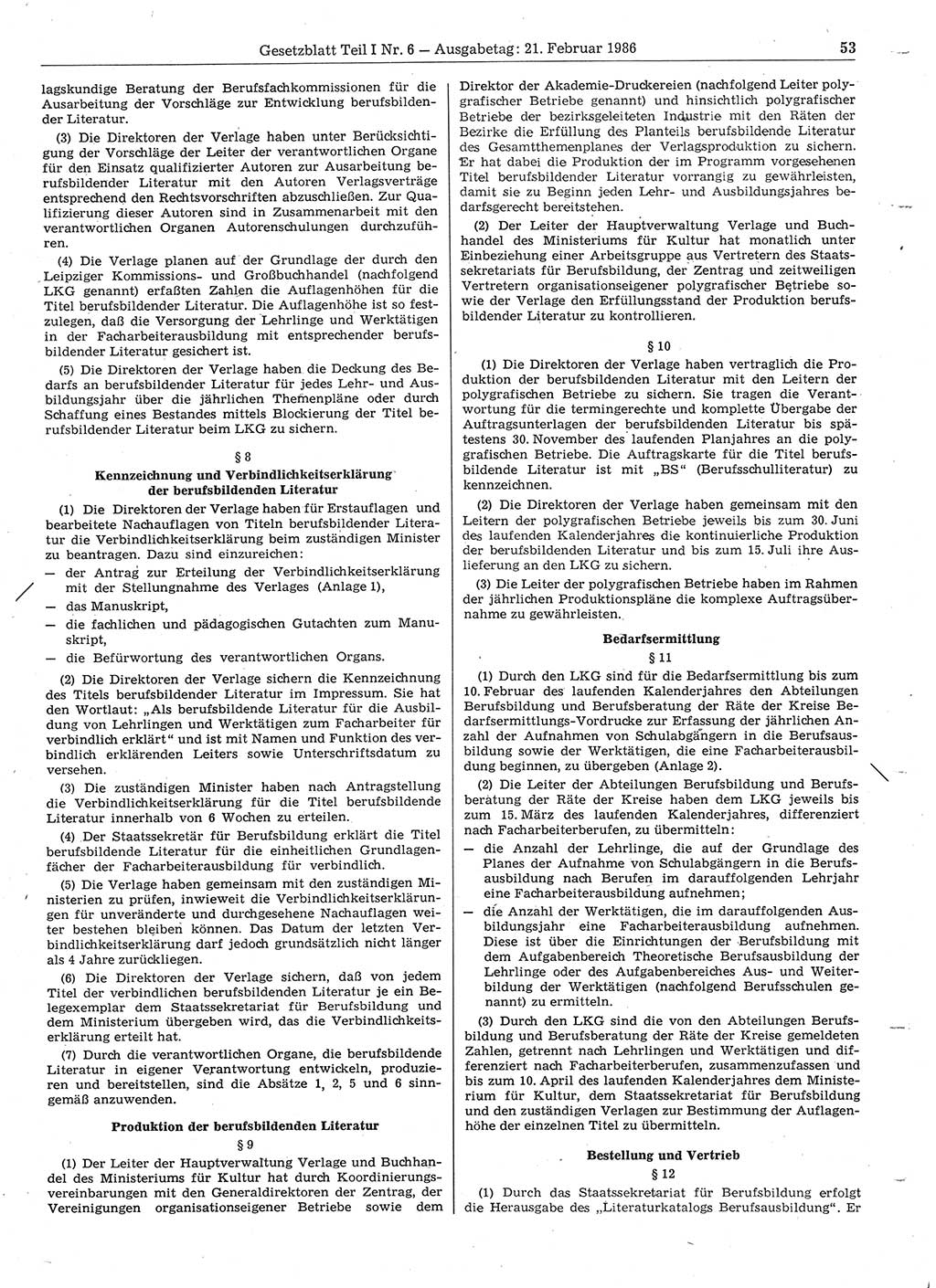 Gesetzblatt (GBl.) der Deutschen Demokratischen Republik (DDR) Teil Ⅰ 1986, Seite 53 (GBl. DDR Ⅰ 1986, S. 53)