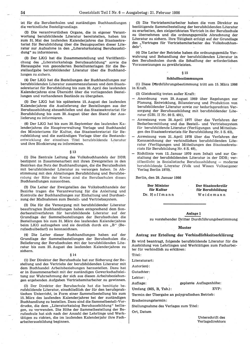 Gesetzblatt (GBl.) der Deutschen Demokratischen Republik (DDR) Teil Ⅰ 1986, Seite 54 (GBl. DDR Ⅰ 1986, S. 54)