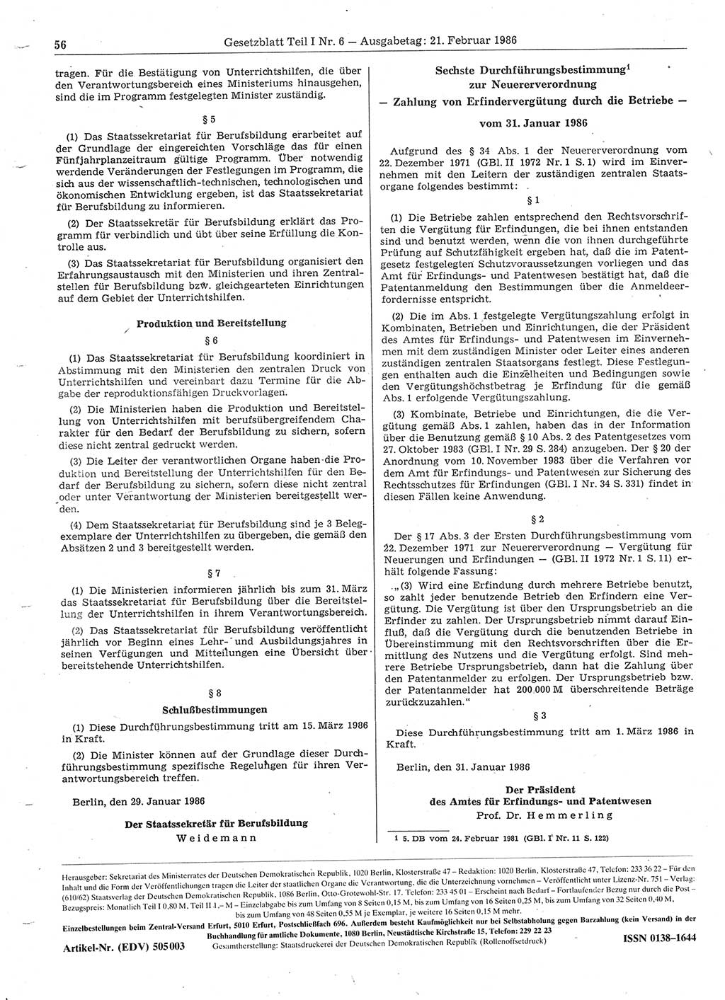 Gesetzblatt (GBl.) der Deutschen Demokratischen Republik (DDR) Teil Ⅰ 1986, Seite 56 (GBl. DDR Ⅰ 1986, S. 56)