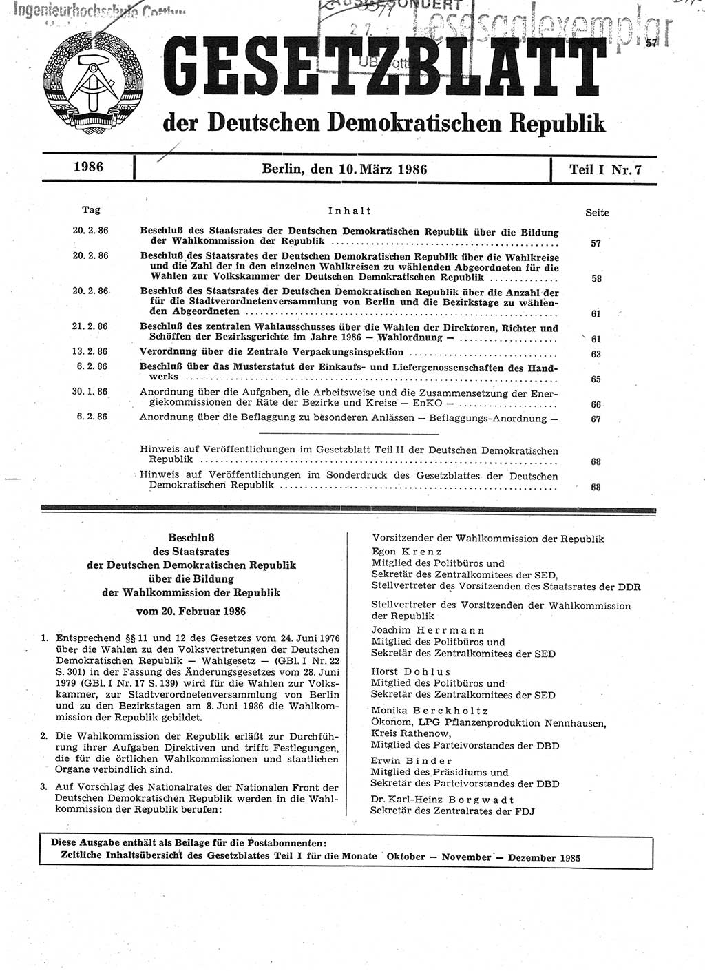Gesetzblatt (GBl.) der Deutschen Demokratischen Republik (DDR) Teil Ⅰ 1986, Seite 57 (GBl. DDR Ⅰ 1986, S. 57)