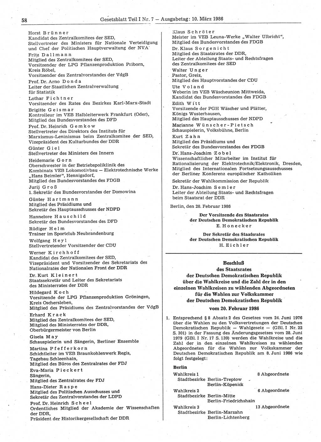 Gesetzblatt (GBl.) der Deutschen Demokratischen Republik (DDR) Teil Ⅰ 1986, Seite 58 (GBl. DDR Ⅰ 1986, S. 58)