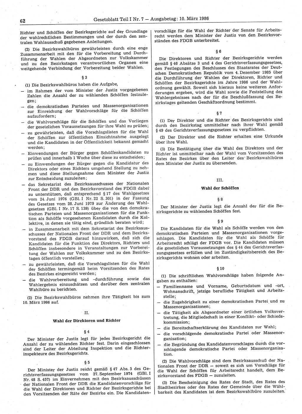 Gesetzblatt (GBl.) der Deutschen Demokratischen Republik (DDR) Teil Ⅰ 1986, Seite 62 (GBl. DDR Ⅰ 1986, S. 62)