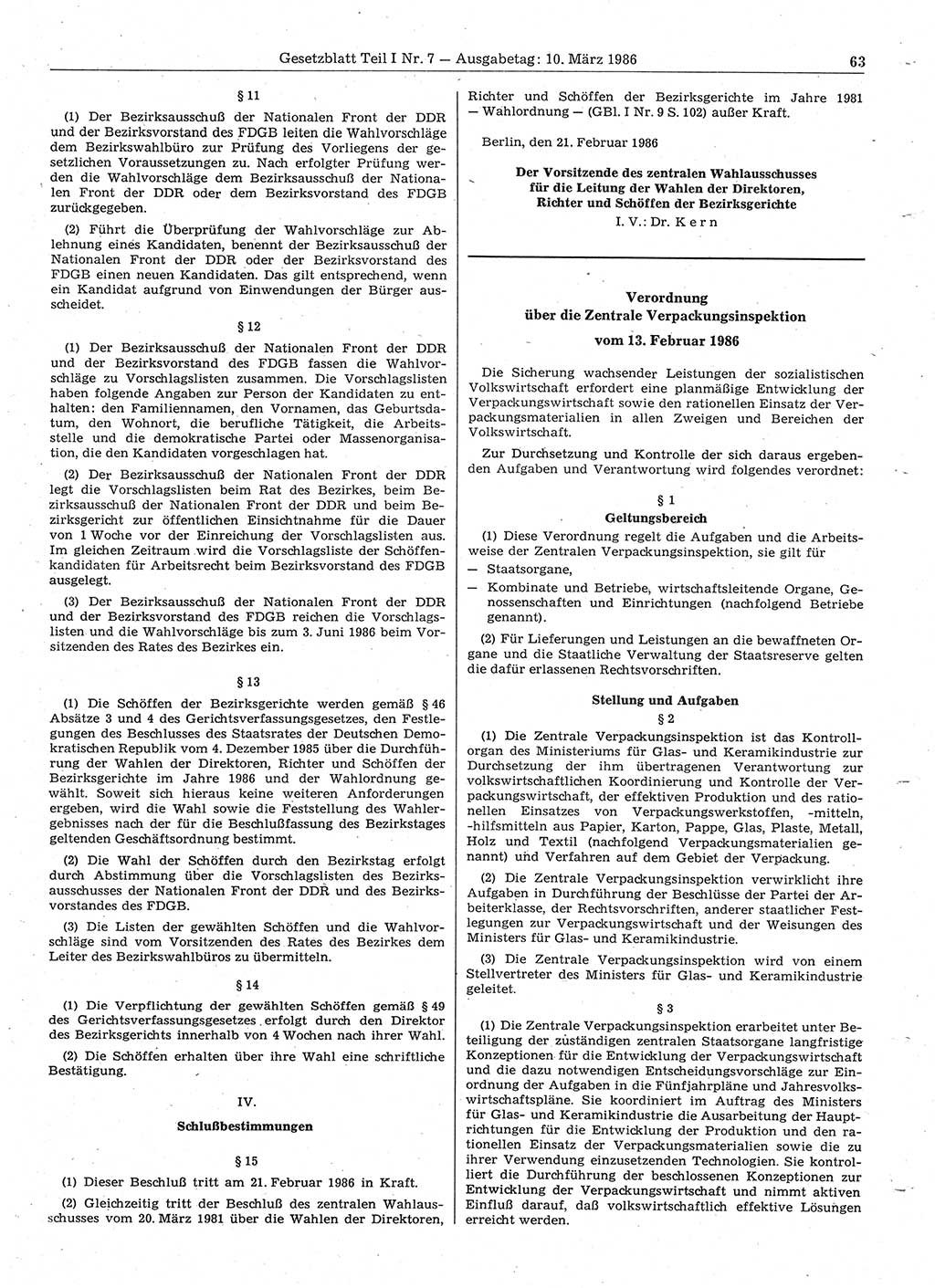 Gesetzblatt (GBl.) der Deutschen Demokratischen Republik (DDR) Teil Ⅰ 1986, Seite 63 (GBl. DDR Ⅰ 1986, S. 63)