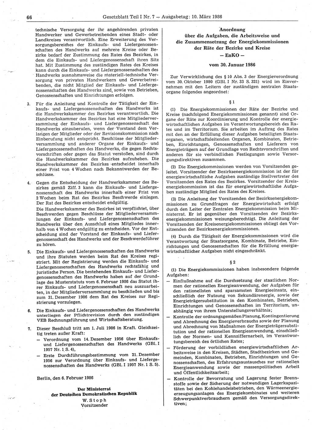 Gesetzblatt (GBl.) der Deutschen Demokratischen Republik (DDR) Teil Ⅰ 1986, Seite 66 (GBl. DDR Ⅰ 1986, S. 66)