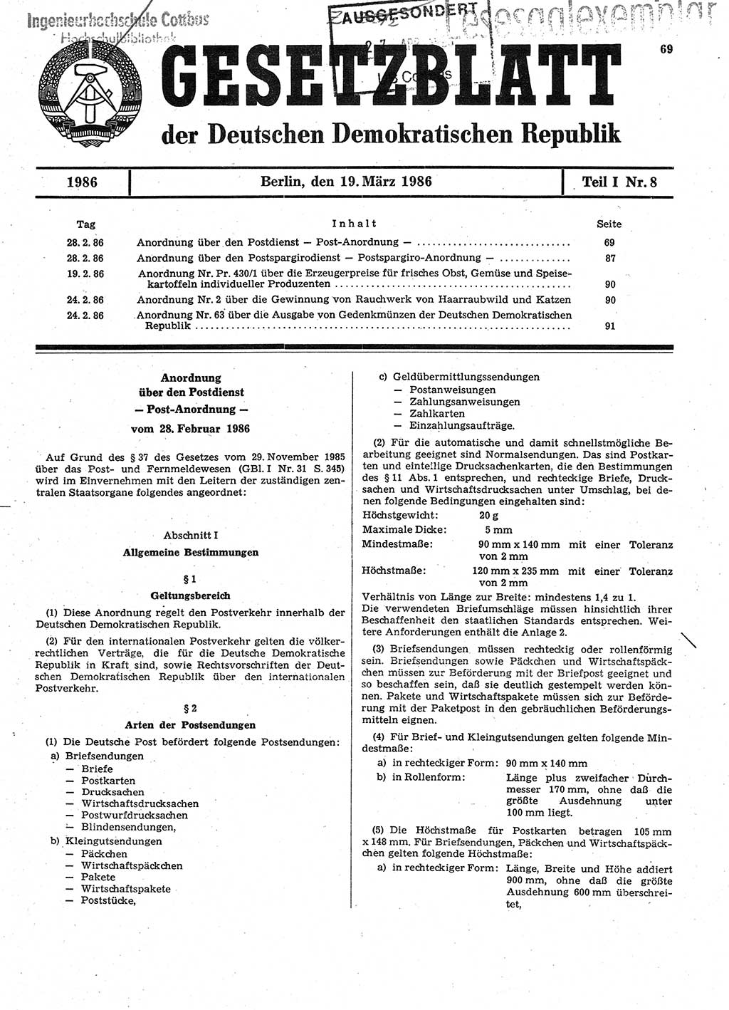 Gesetzblatt (GBl.) der Deutschen Demokratischen Republik (DDR) Teil Ⅰ 1986, Seite 69 (GBl. DDR Ⅰ 1986, S. 69)