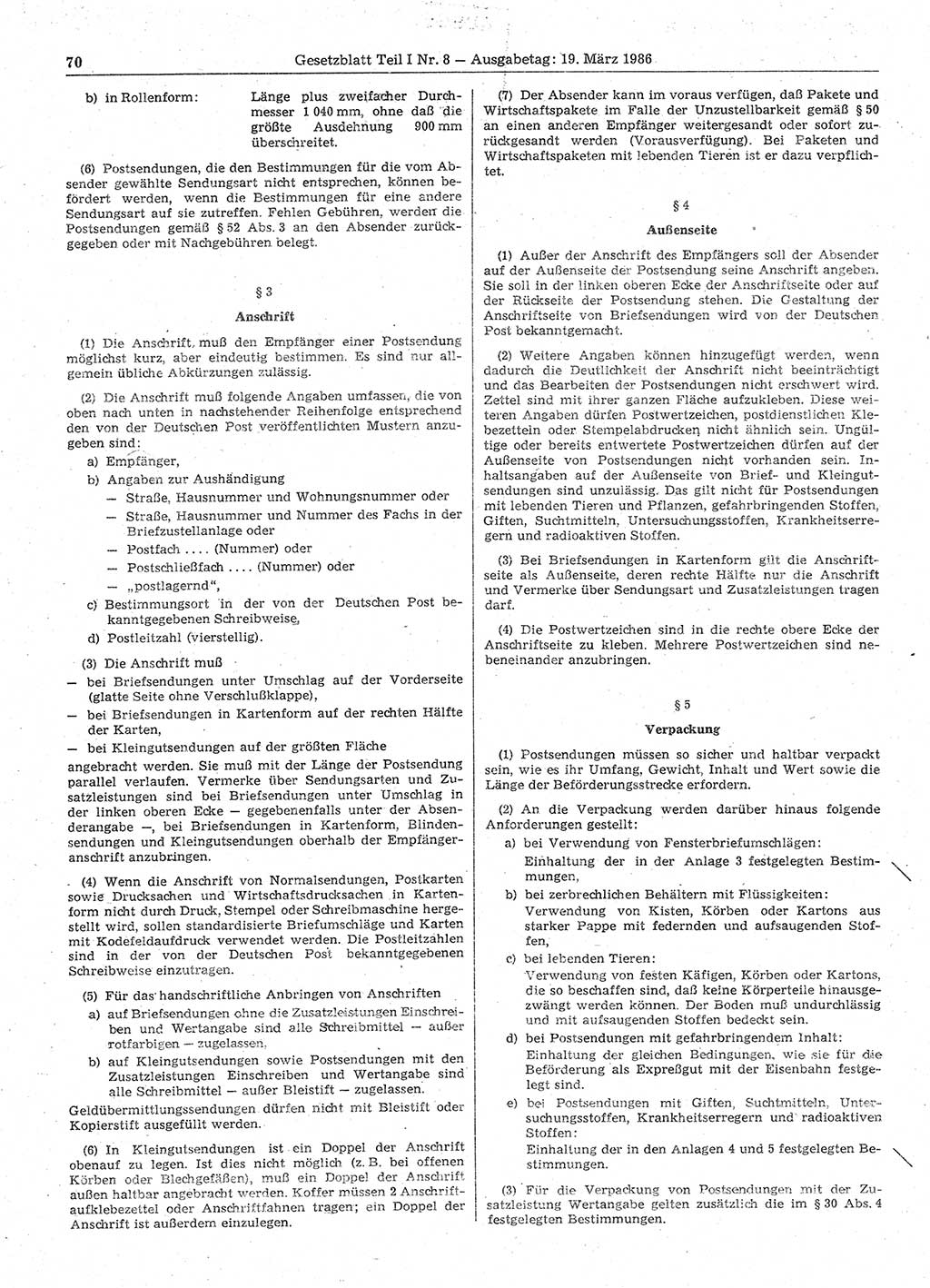 Gesetzblatt (GBl.) der Deutschen Demokratischen Republik (DDR) Teil Ⅰ 1986, Seite 70 (GBl. DDR Ⅰ 1986, S. 70)