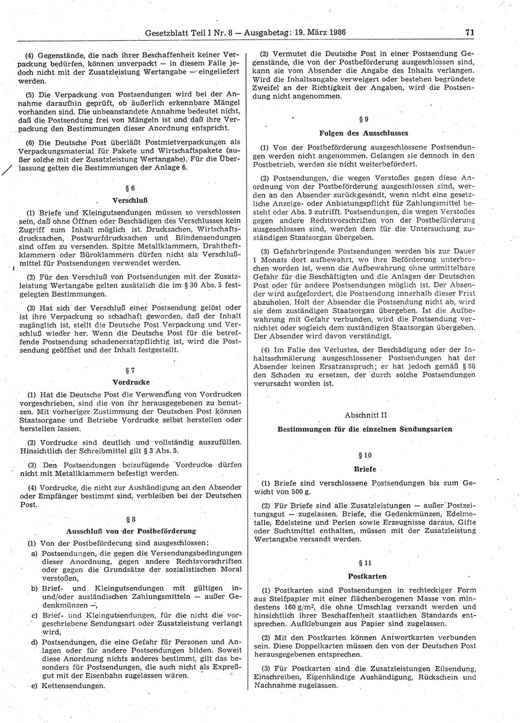 Gesetzblatt (GBl.) der Deutschen Demokratischen Republik (DDR) Teil Ⅰ 1986, Seite 71 (GBl. DDR Ⅰ 1986, S. 71)