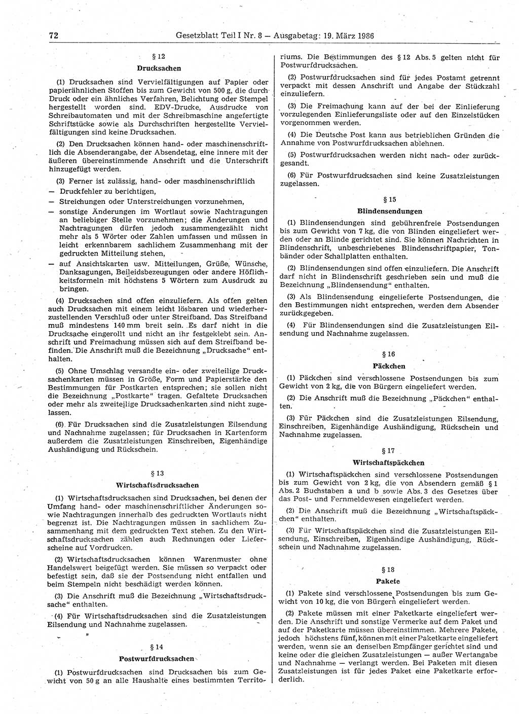 Gesetzblatt (GBl.) der Deutschen Demokratischen Republik (DDR) Teil Ⅰ 1986, Seite 72 (GBl. DDR Ⅰ 1986, S. 72)