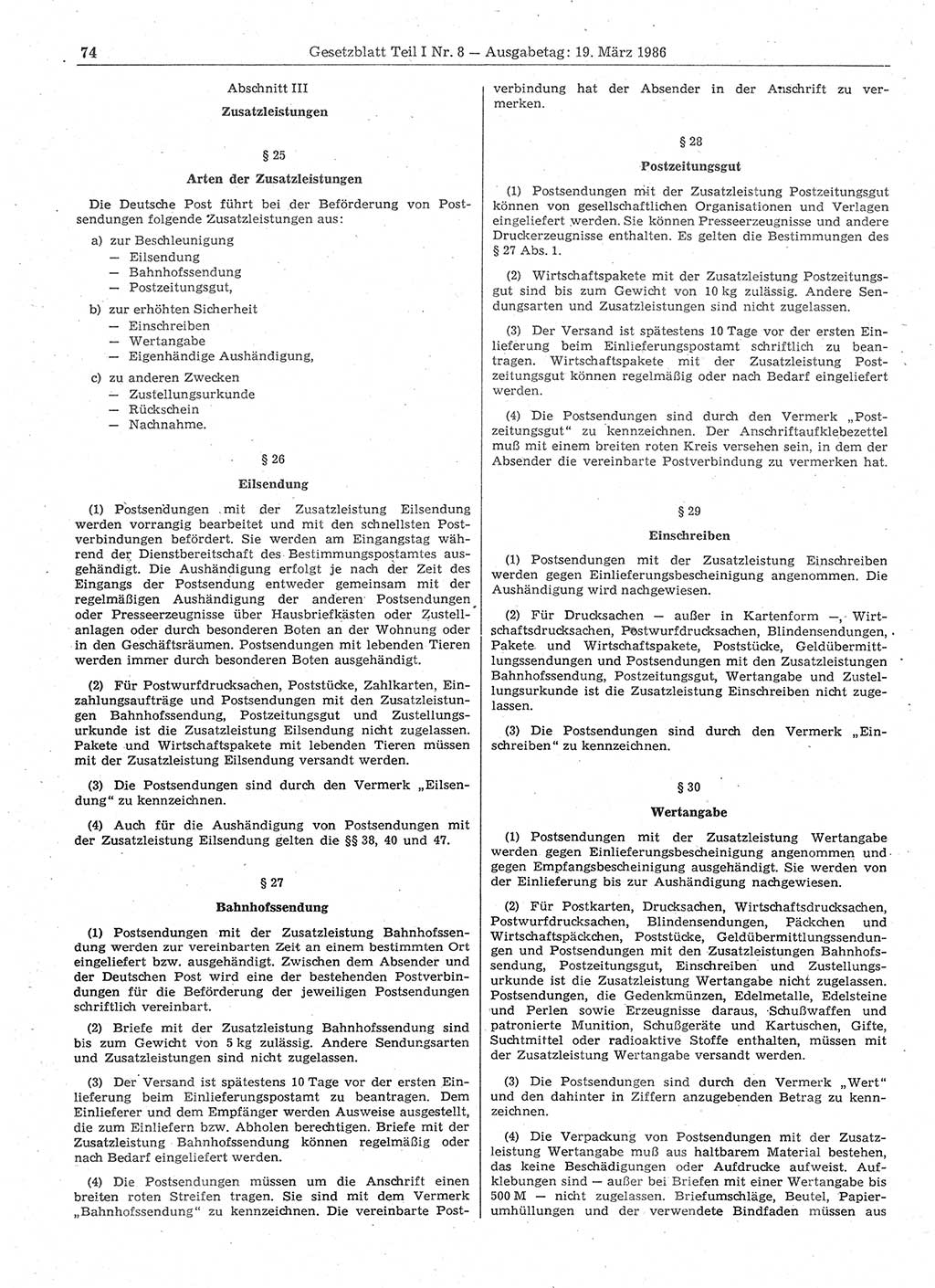 Gesetzblatt (GBl.) der Deutschen Demokratischen Republik (DDR) Teil Ⅰ 1986, Seite 74 (GBl. DDR Ⅰ 1986, S. 74)