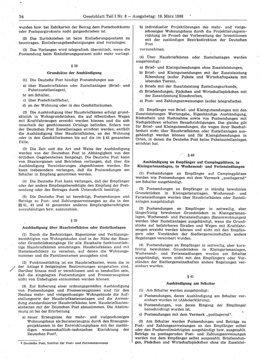 Gesetzblatt (GBl.) der Deutschen Demokratischen Republik (DDR) Teil Ⅰ 1986, Seite 76 (GBl. DDR Ⅰ 1986, S. 76)
