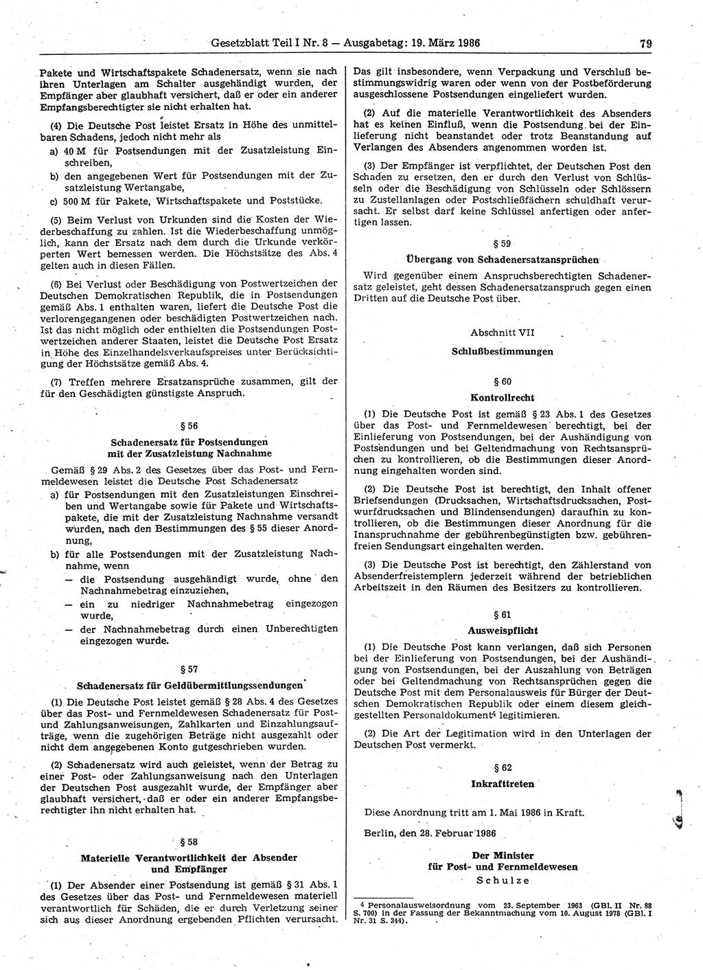 Gesetzblatt (GBl.) der Deutschen Demokratischen Republik (DDR) Teil Ⅰ 1986, Seite 79 (GBl. DDR Ⅰ 1986, S. 79)