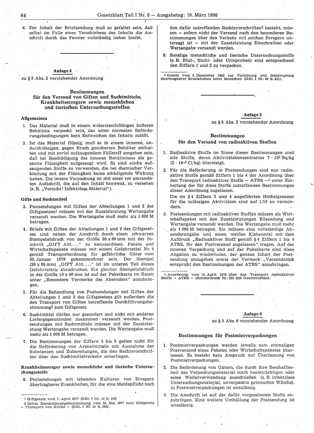Gesetzblatt (GBl.) der Deutschen Demokratischen Republik (DDR) Teil Ⅰ 1986, Seite 84 (GBl. DDR Ⅰ 1986, S. 84)