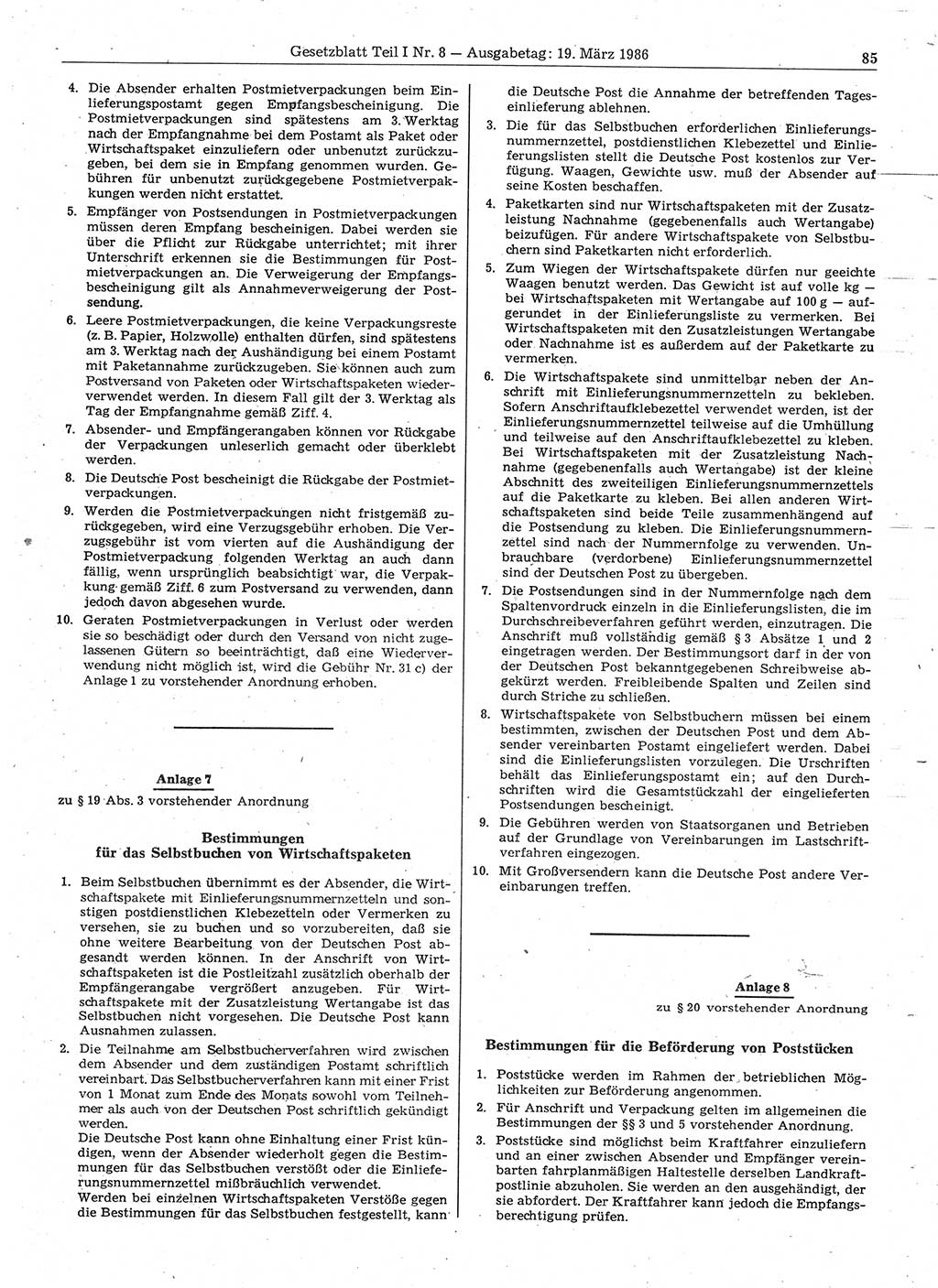Gesetzblatt (GBl.) der Deutschen Demokratischen Republik (DDR) Teil Ⅰ 1986, Seite 85 (GBl. DDR Ⅰ 1986, S. 85)